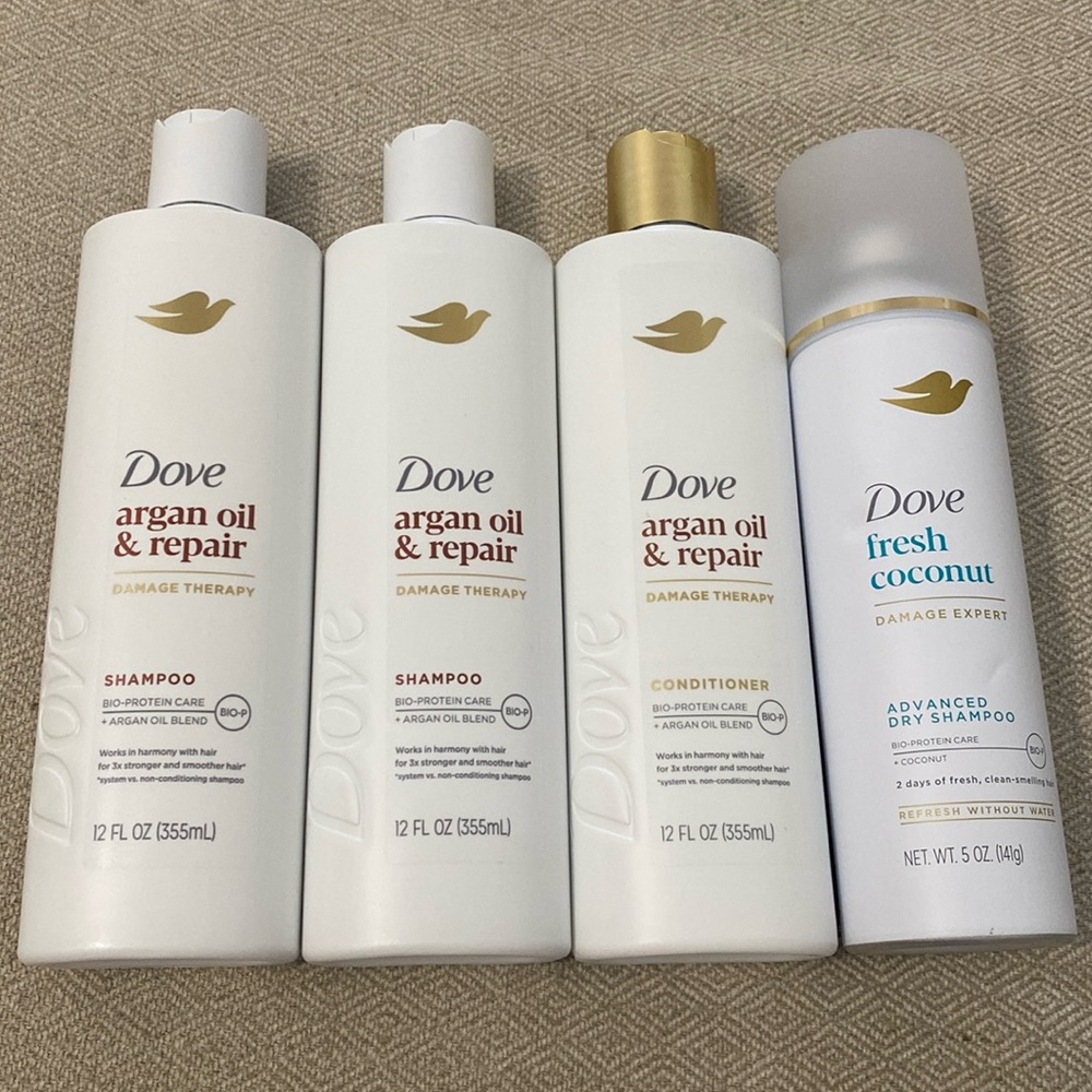 New Dove Argan Oil 2 Shampoo and 1 Conditioner Set And 1 Dry Shampoo Coconut